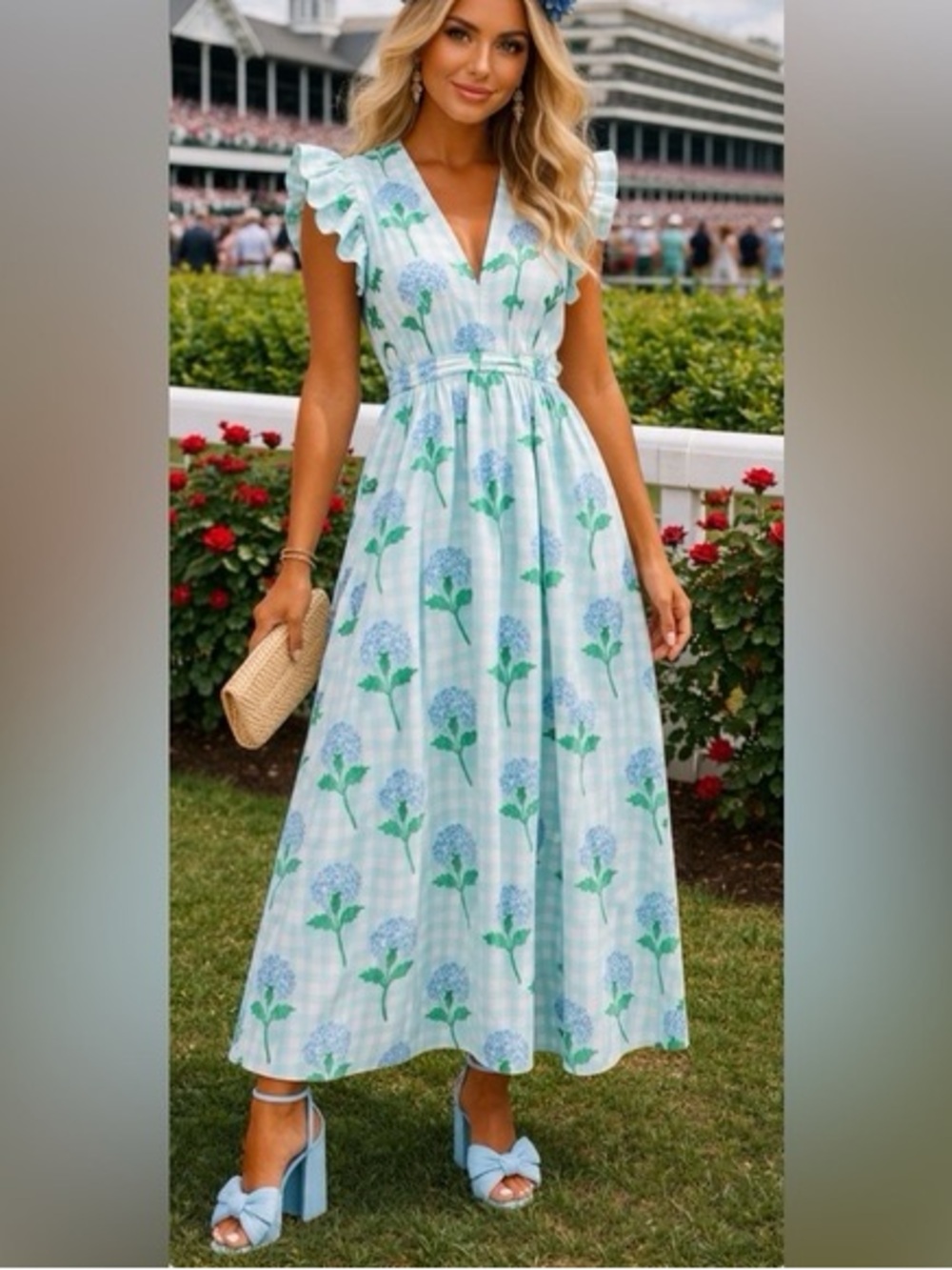 Sail to Sable Blue Hydrangea Gingham Print Flutter Sleeve Vneck Maxi Dress XS
